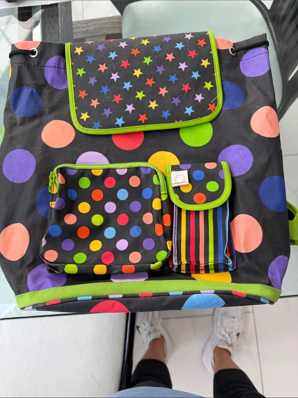 Little Mismatched Backpack Rubber Coated Cotton Black Ground Multicolor 15x12x6”